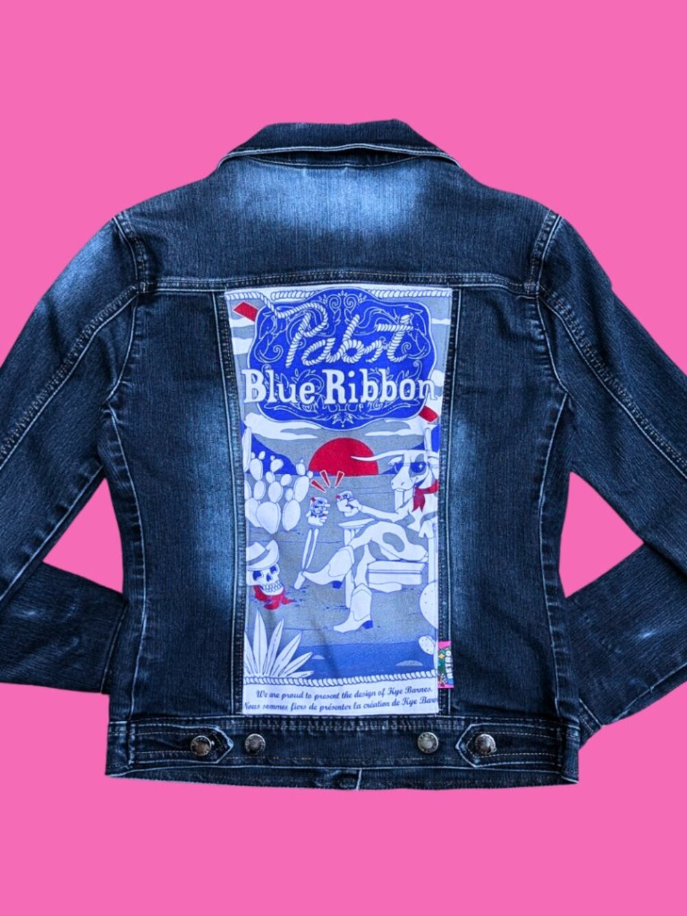 Pabst Blue Ribbon Beer Upcycled T-Shirt Denim Jacket Size S